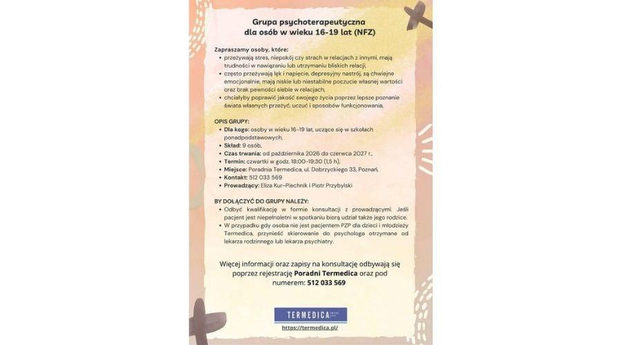 Grupa psychoterapeutyczna dla osób w wieku 16–19 lat Poznań (NFZ)