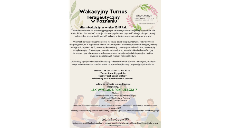 Bezpłatny turnus terapeutyczny w Poznaniu dla dzieci 12-17 lat