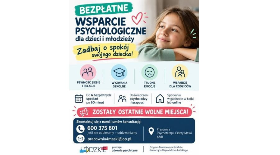 BEZPŁATNE WSPARCIE PSYCHOLOGICZNE dla dzieci i młodzieży w Łodzi