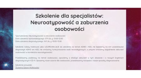 Szkolenie dla specjalist&oacute;w: Neuroatypowość a zaburzenia osobowości
